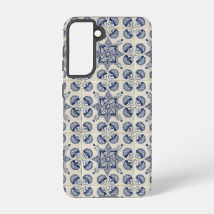 Vintage Blue White Geometric Flower Pattern Samsung Galaxy S21 Case