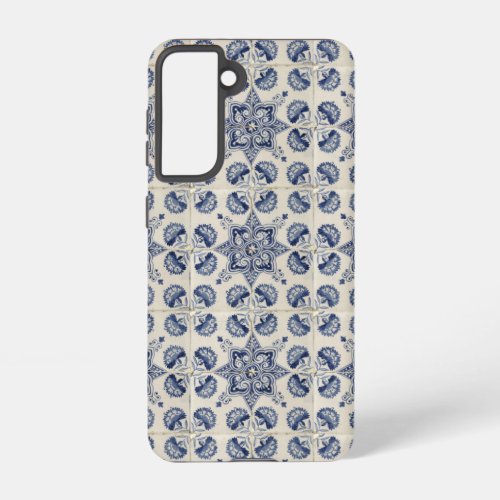  Vintage Blue White Geometric Flower Pattern Samsung Galaxy S21 Case