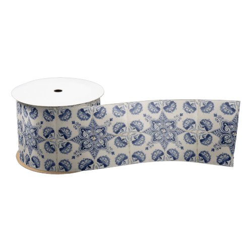  Vintage Blue White Geometric Flower Pattern  Satin Ribbon