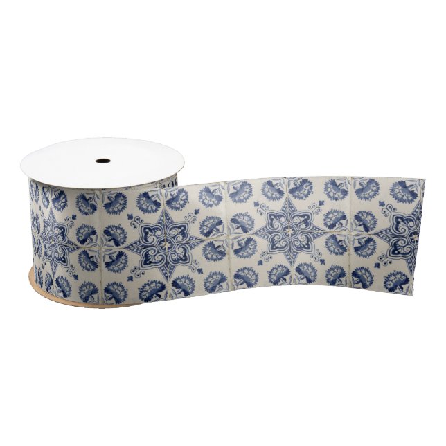  Vintage Blue White Geometric Flower Pattern  Satin Ribbon (Spool)
