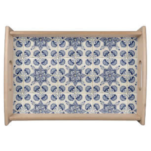  Vintage Blue White Geometric Flower Pattern  Serving Tray