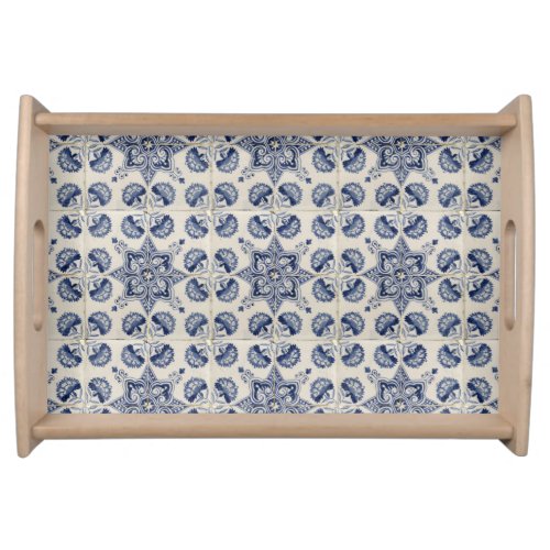  Vintage Blue White Geometric Flower Pattern  Serving Tray
