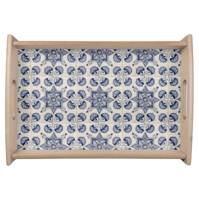  Vintage Blue White Geometric Flower Pattern  Serving Tray (Front)