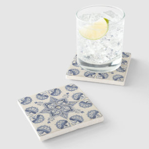 Vintage Blue White Geometric Flower Pattern Stone Coaster