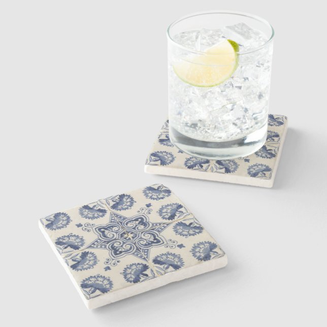  Vintage Blue White Geometric Flower Pattern  Stone Coaster (Side)