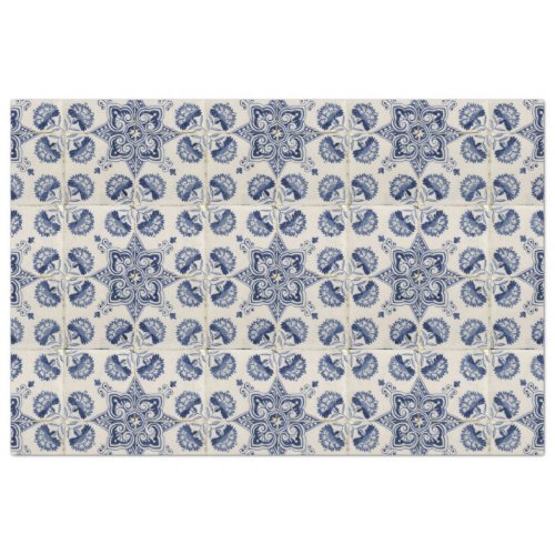  Vintage Blue White Geometric Flower Pattern Tissue Paper