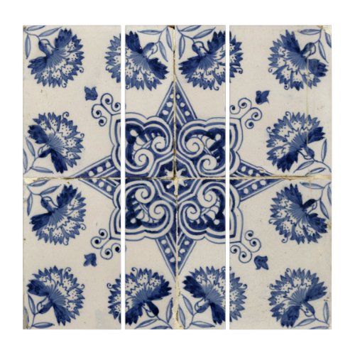  Vintage Blue White Geometric Flower Pattern  Triptych