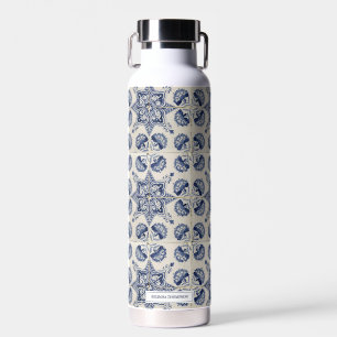 Vintage Blue White Geometric Flower Pattern Water Bottle