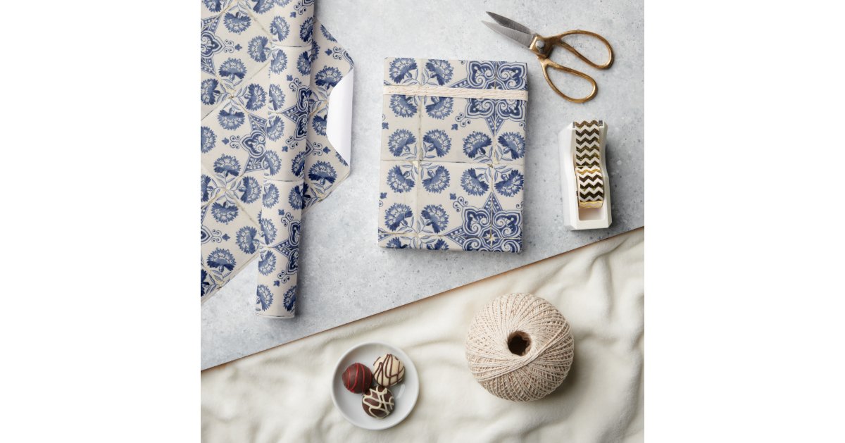 Vintage Blue White Geometric Flower Pattern Wrapping Paper | Zazzle
