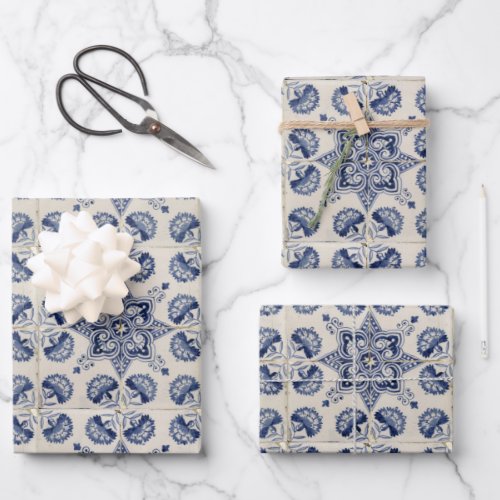  Vintage Blue White Geometric Flower Pattern  Wrapping Paper Sheets
