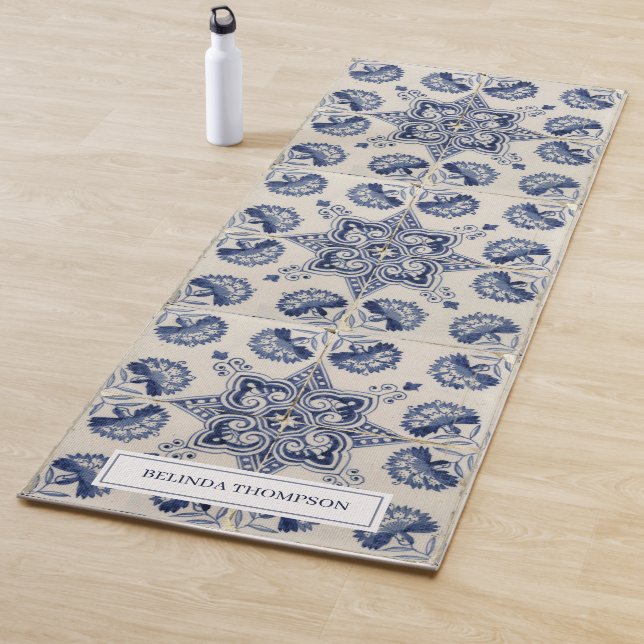 Vintage Blue White Geometric Flower Pattern Yoga Mat (In Situ)