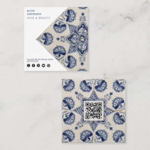 Vintage Blue White Geometric Flower QR Code Square Business Card