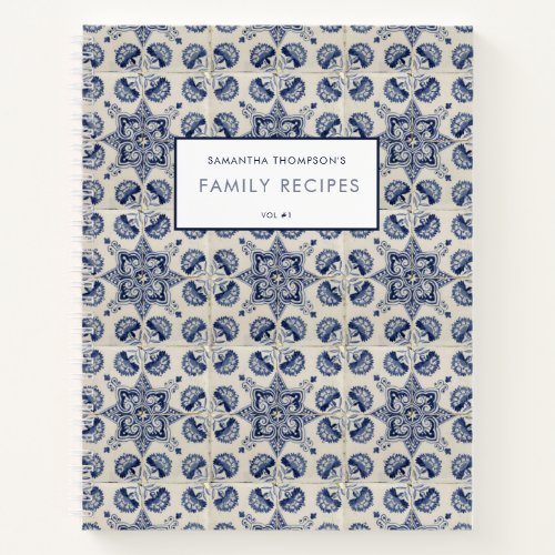  Vintage Blue White Geometric Flower Recipe   Notebook