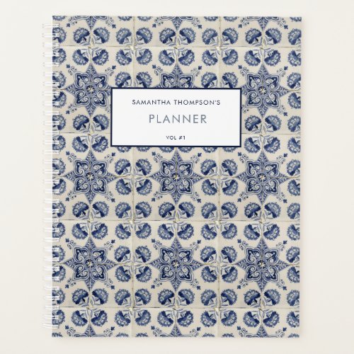  Vintage Blue White Geometric Flower Recipe Planner