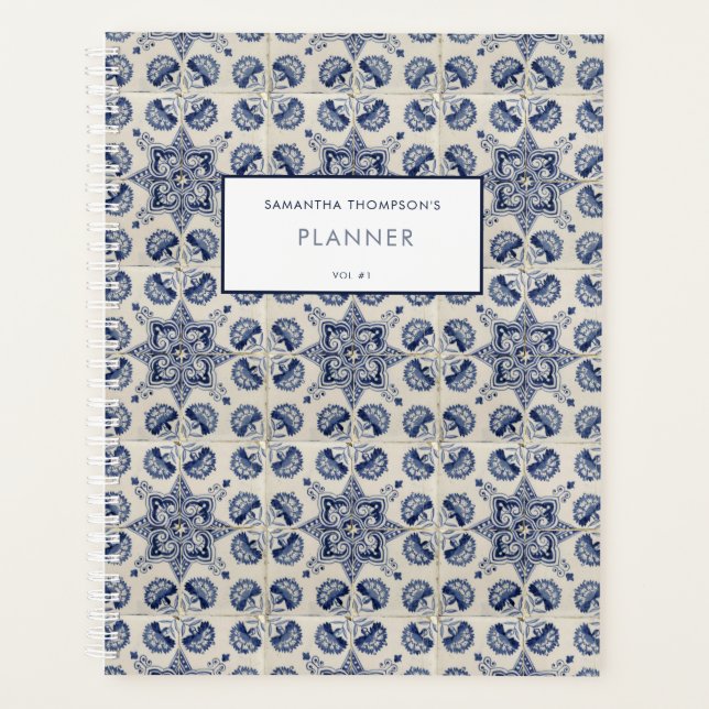  Vintage Blue White Geometric Flower Recipe Planner (Front)