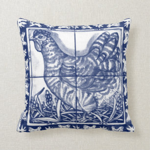 Vintage Blue White Hen Rooster Chicken Delft Throw Pillow