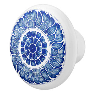 Vintage blue & white kitchen Chinese flower motif Ceramic Knob