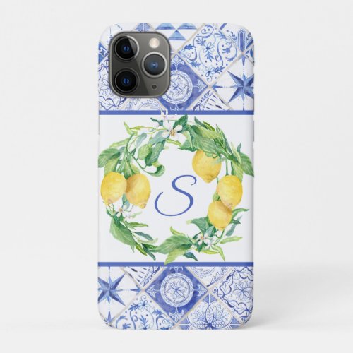 Vintage Blue White Lemon Floral Greenery Wreath iPhone 11 Pro Case