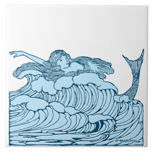 Vintage Blue  White Nautical Mermaid Ceramic Tile