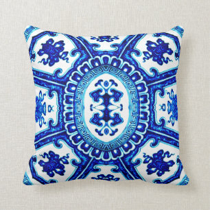 Vintage Blue & White Oriental Vase Design Throw Pillow