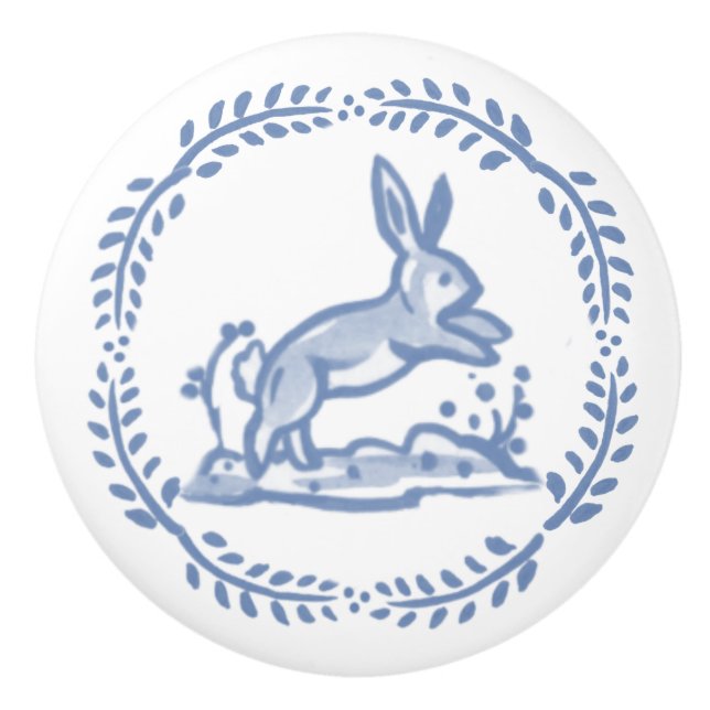 Vintage Blue White Rabbit Delft Dedham Rustic Art Ceramic Knob (Front)