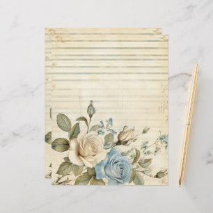 Vintage Blue White Roses Junk Journal Paper