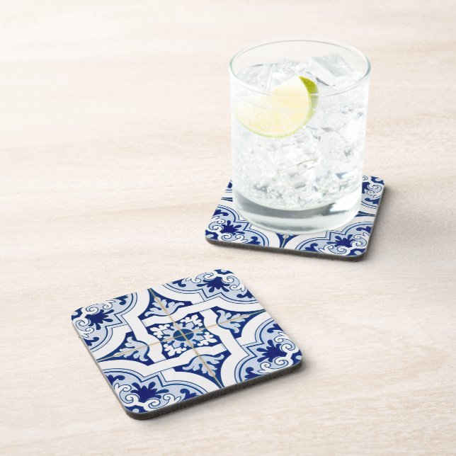 Vintage Blue & White Tile Look Beverage Coaster (Right Side)