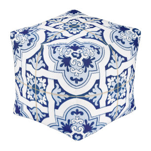 Vintage Blue & White Tile Look Pattern Pouf