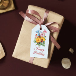 Vintage Blue Wildflower Bouquet Happy Birthday Gift Tags