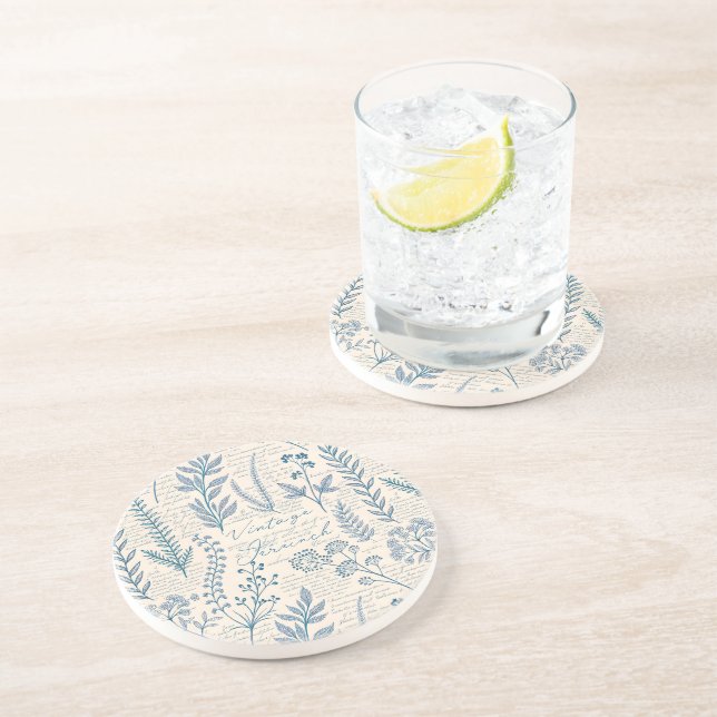 Vintage Blue Wildflower French Toile Pattern Coaster (Side)