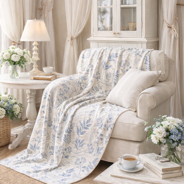 Vintage Blue Wildflower French Toile Pattern Fleece Blanket (Creator Uploaded)