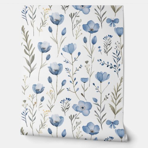 Vintage Blue Wildflowers and Botanical  Wallpaper