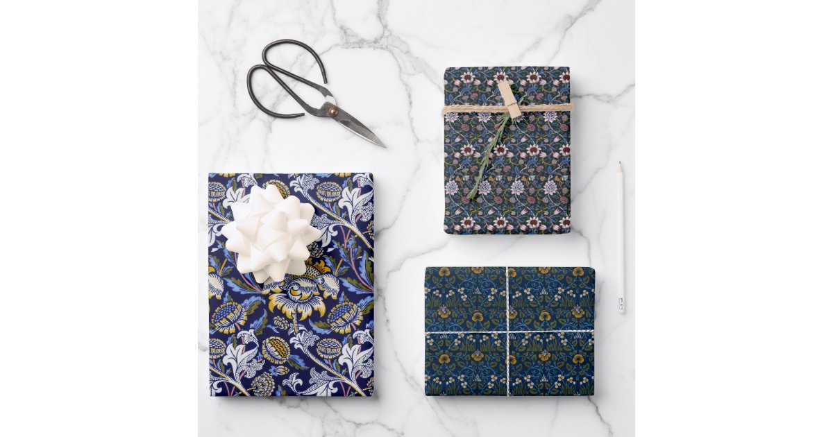 Navy Pastel Blue Watercolor Floral Pattern Wrapping Paper Sheets, Zazzle