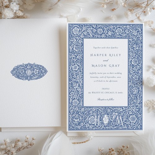 Vintage Blue William Morris Style Wedding Invitation