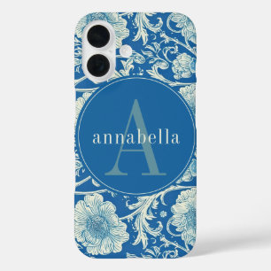Vintage Blue William Morris Tapestry Monogram iPhone 16 Case