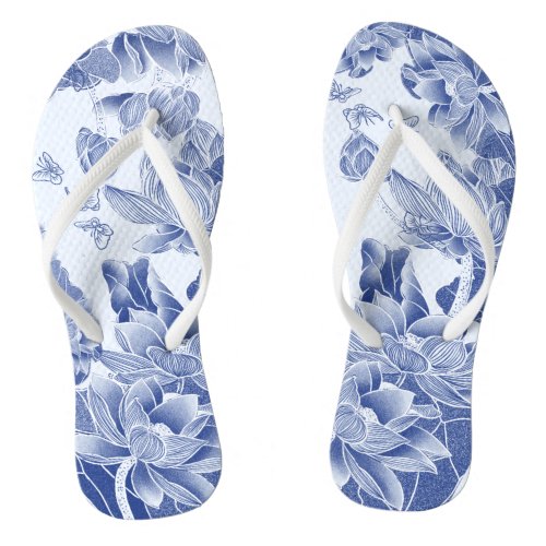 Vintage Blue Willow Chinoiserie Floral Pattern  Flip Flops