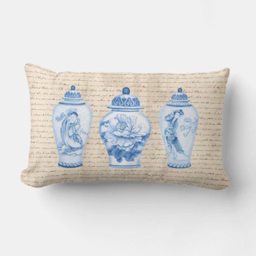 Vintage Blue Willow Chinoiserie Ginger Jars Lumbar Pillow