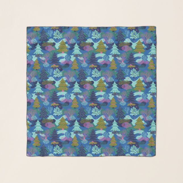 Vintage Blue Winter Christmas Tree Forest Scarf (Front)