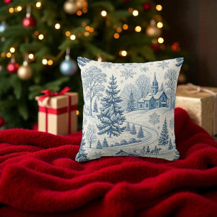 Vintage Blue Winter Village Christmas Snowflake  Throw Pillow