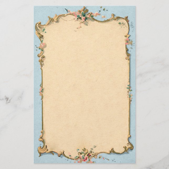 Vintage Blue With Floral Border Stationery (Front)