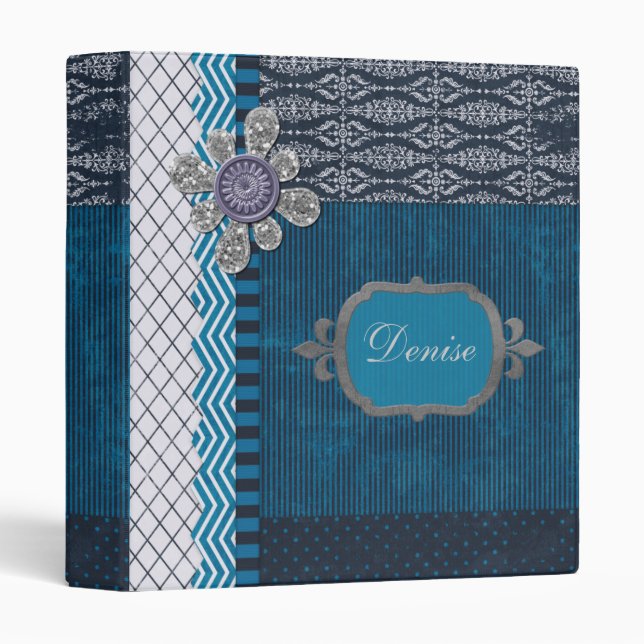 Vintage Blue with Sequins  Frame 3 Ring Binder (Front/Spine)