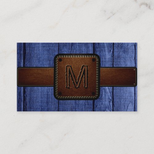 Vintage Blue Wood Brown Leather Look Monogram Business Card