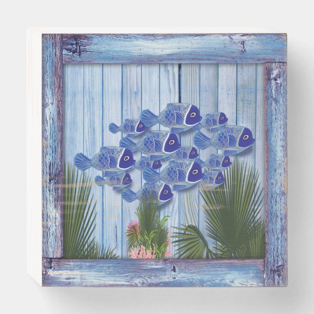 Vintage blue wood, fish, Pink-coral Wooden Box Sign (Front Horizontal)
