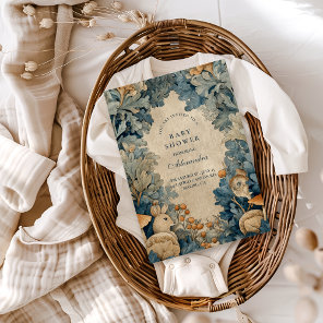 Vintage Blue Woodland Bunny Baby Shower Invitation