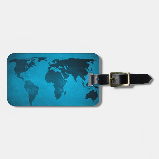 Vintage blue world map luggage tag (Front Horizontal)