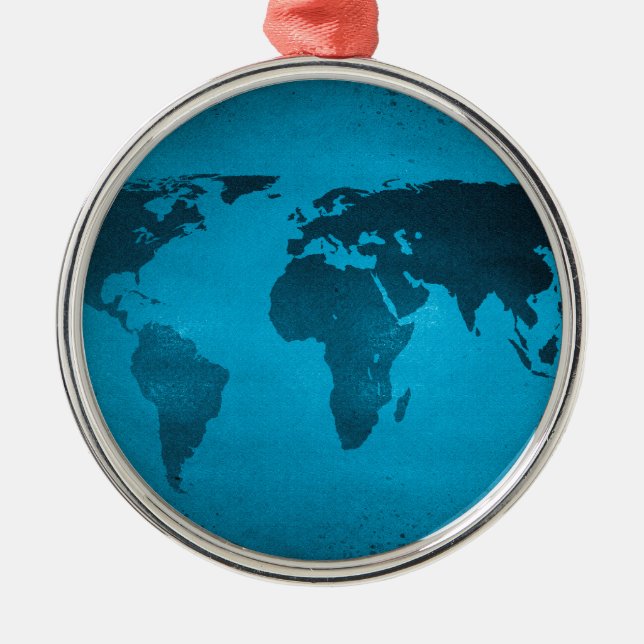 Vintage blue world map metal ornament (Front)