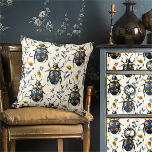 Vintage Blue Yellow Floral Beetle Cottagecore Throw Pillow