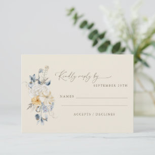 Vintage Blue Yellow Floral Minimalist Wedding RSVP Card
