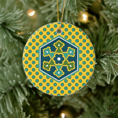 Vintage Blue Yellow Green Ottoman Turkish Hexagon  Ceramic Ornament