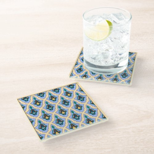 Vintage Blue Yellow Moroccan Arabic Tracery Art Glass Coaster